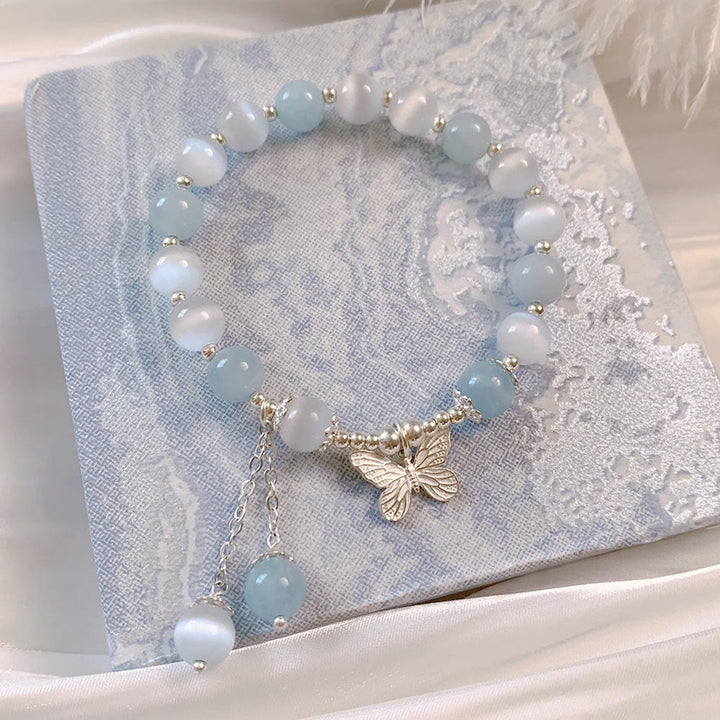 Bracciale di supporto con ciondolo a farfalla in acquamarina con occhio di gatto Buddha Stones