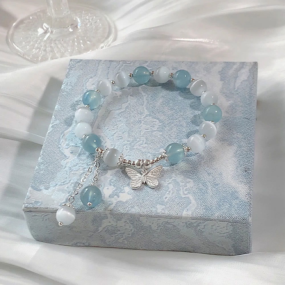 Bracciale di supporto con ciondolo a farfalla in acquamarina con occhio di gatto Buddha Stones