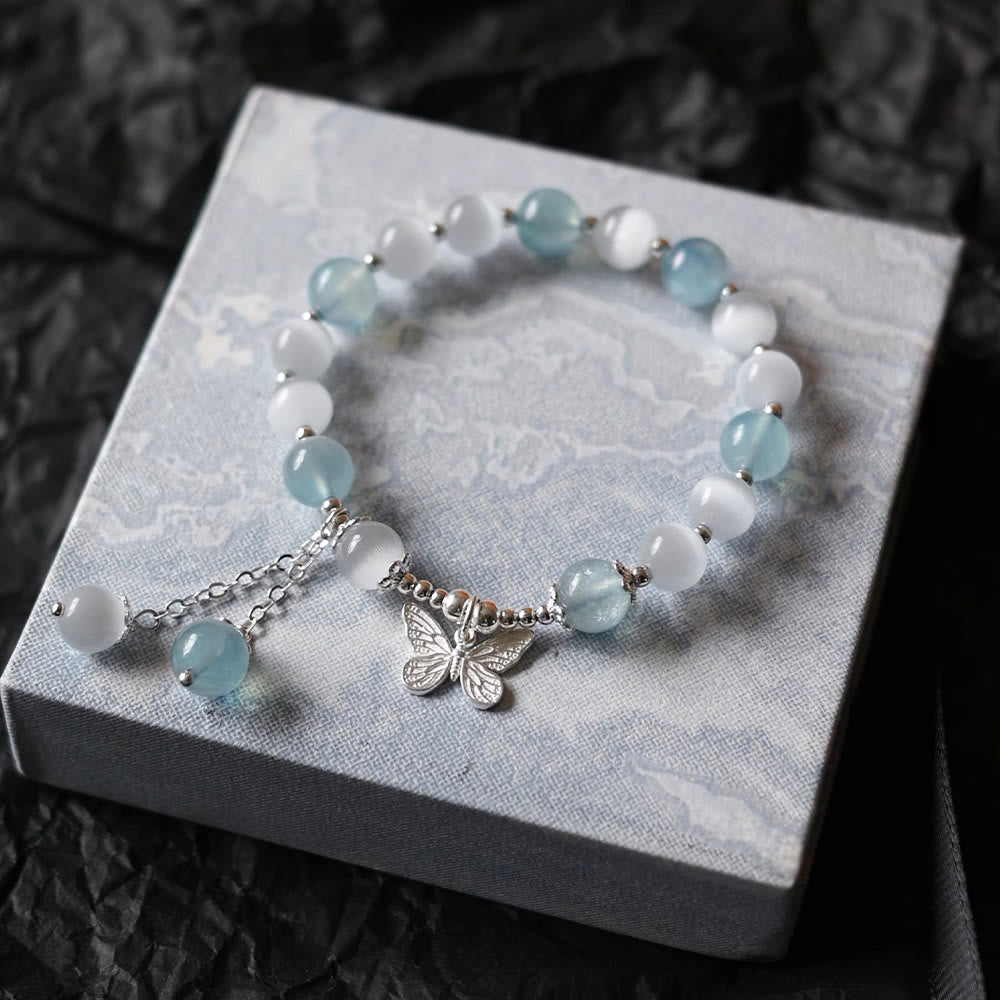 Bracciale di supporto con ciondolo a farfalla in acquamarina con occhio di gatto Buddha Stones
