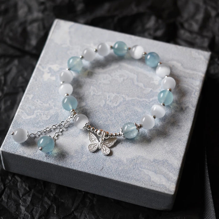 Bracciale di supporto con ciondolo a farfalla in acquamarina con occhio di gatto Buddha Stones