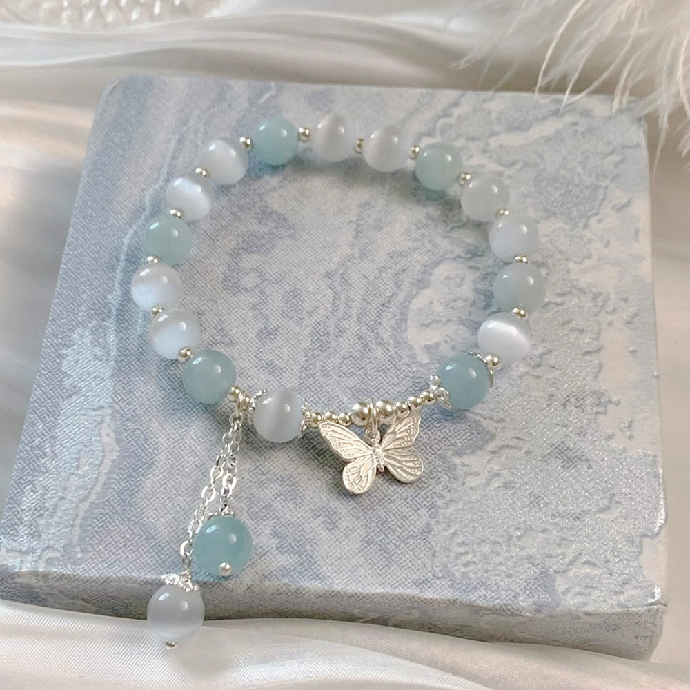 Bracciale di supporto con ciondolo a farfalla in acquamarina con occhio di gatto Buddha Stones