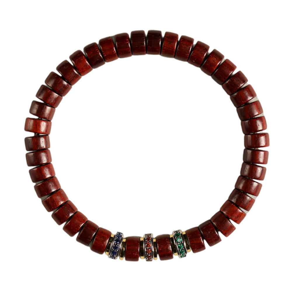 Bracciale della pace con zirconi, piccole foglie di sandalo rosso e Buddha Stones in legno di ebano