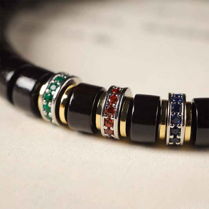Bracciale della pace con zirconi, piccole foglie di sandalo rosso e Buddha Stones in legno di ebano