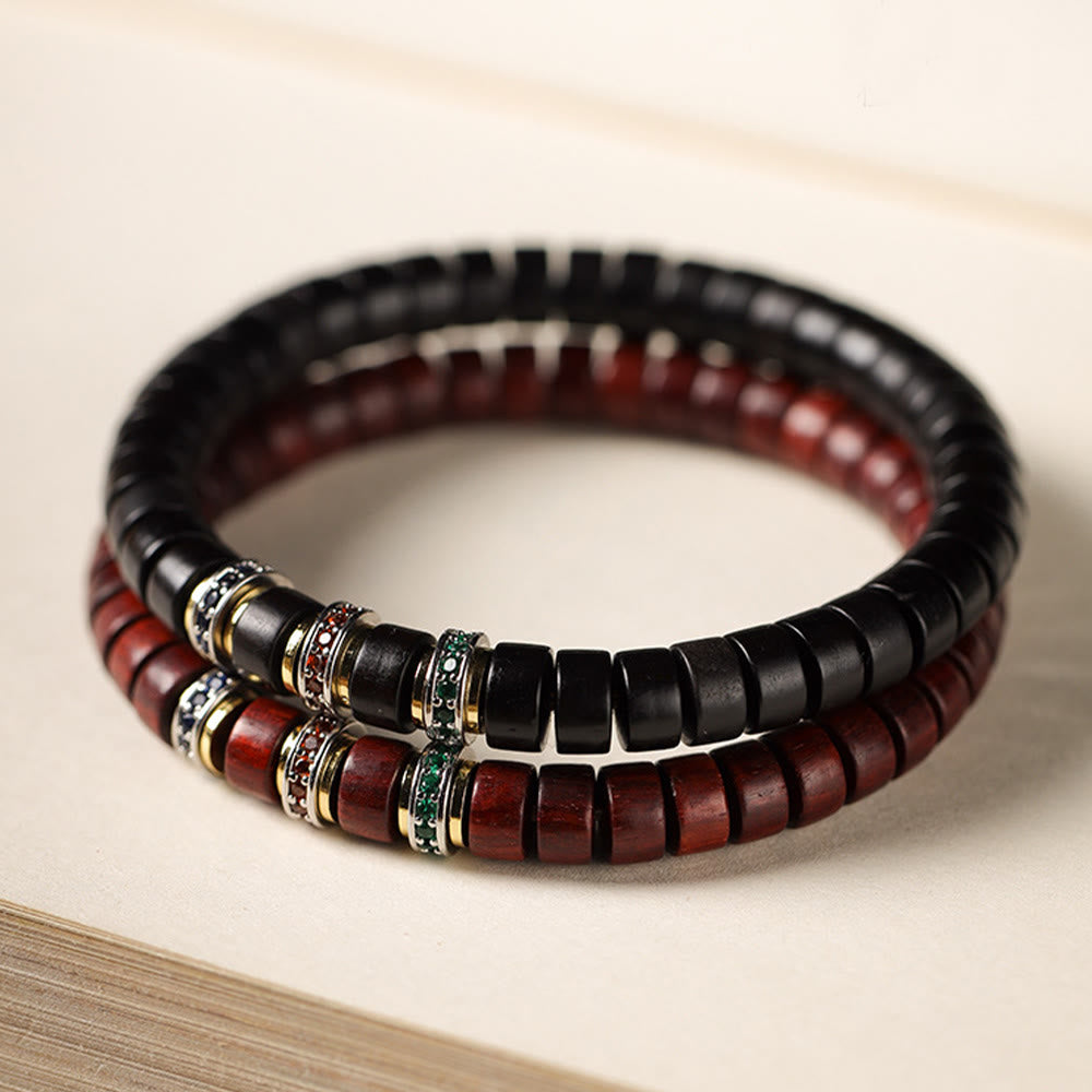 Bracciale della pace con zirconi, piccole foglie di sandalo rosso e Buddha Stones in legno di ebano