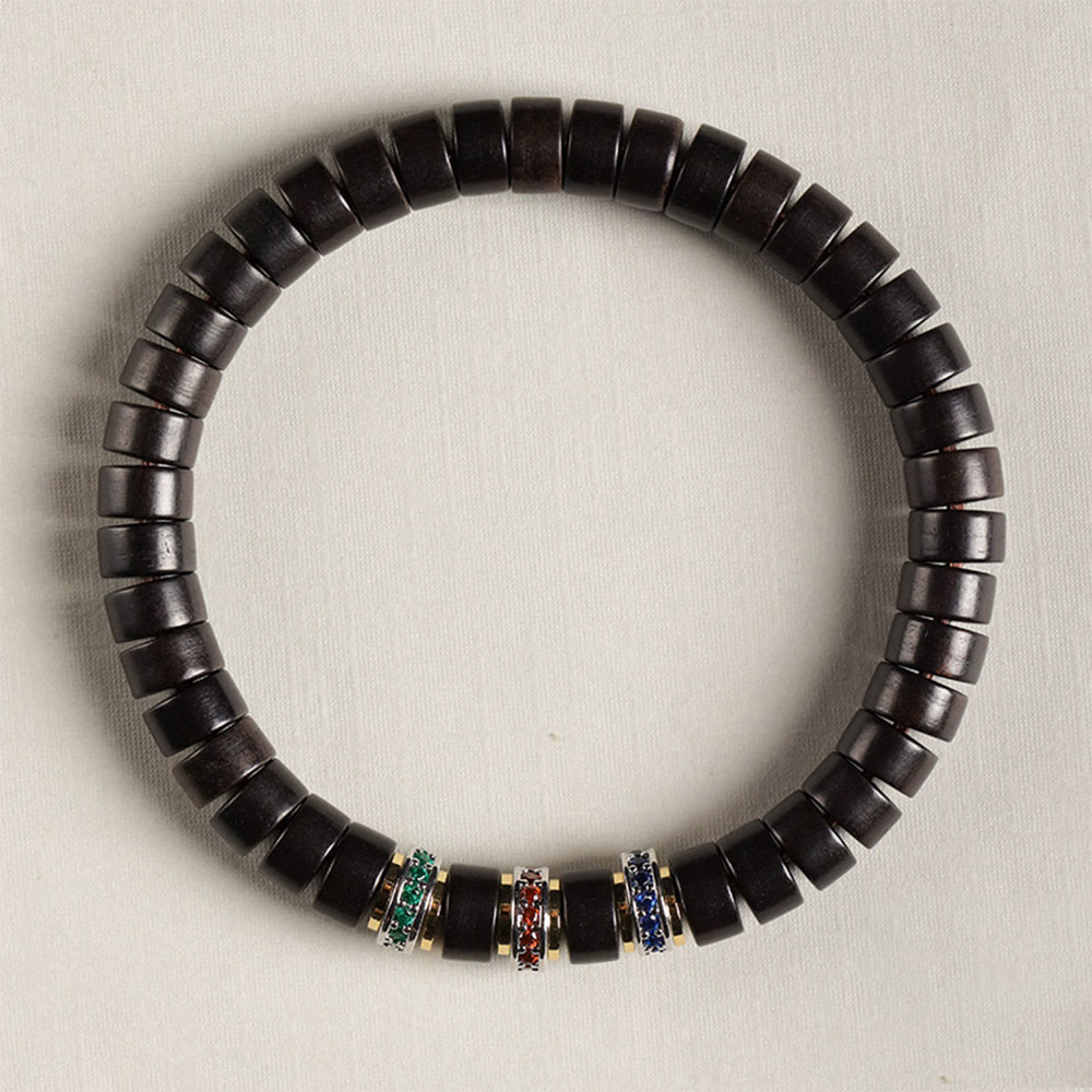 Bracciale della pace con zirconi, piccole foglie di sandalo rosso e Buddha Stones in legno di ebano