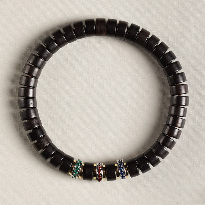 Bracciale della pace con zirconi, piccole foglie di sandalo rosso e Buddha Stones in legno di ebano