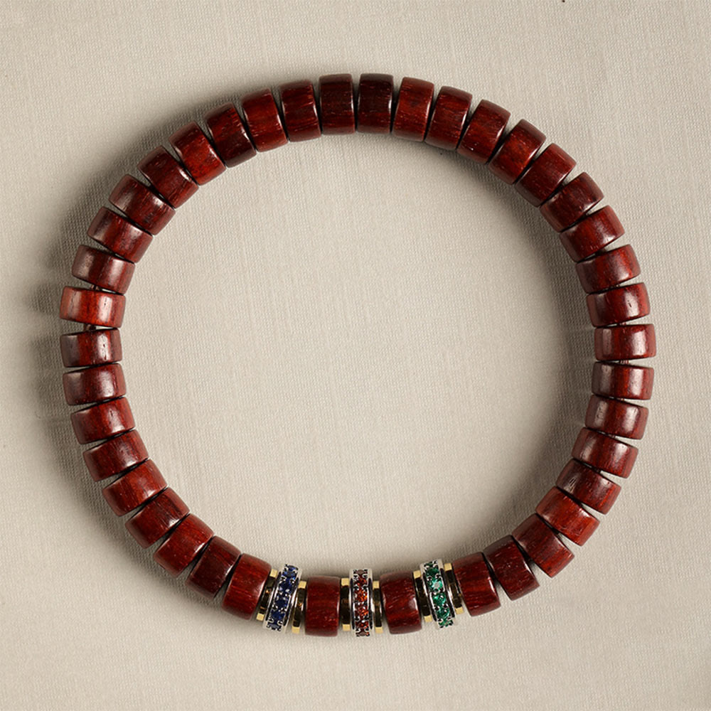 Bracciale della pace con zirconi, piccole foglie di sandalo rosso e Buddha Stones in legno di ebano