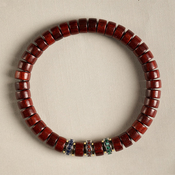Bracciale della pace con zirconi, piccole foglie di sandalo rosso e Buddha Stones in legno di ebano