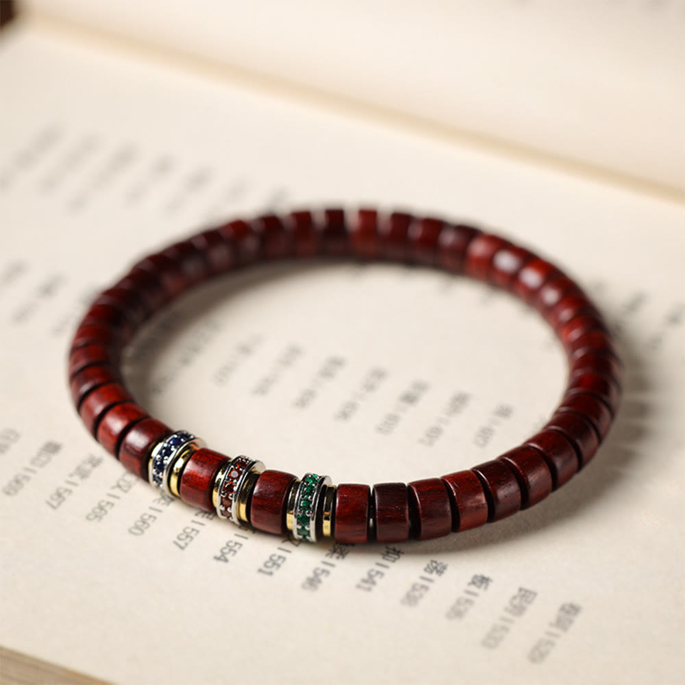 Bracciale della pace con zirconi, piccole foglie di sandalo rosso e Buddha Stones in legno di ebano