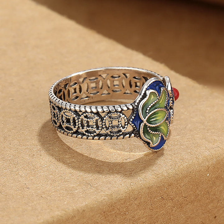 Anello regolabile con motivo a ciondoli Buddha Stones di loto, monete di rame e manico Ruyi.