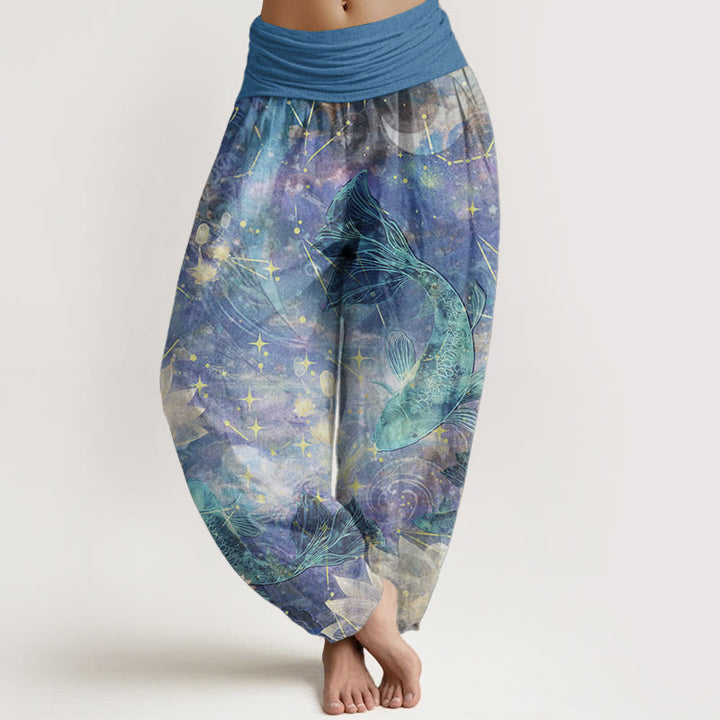 Pantaloni harem da donna con elastico in vita, in puro cotone, con motivo a pesce koi, loto, luna e stelle, Buddha Stones