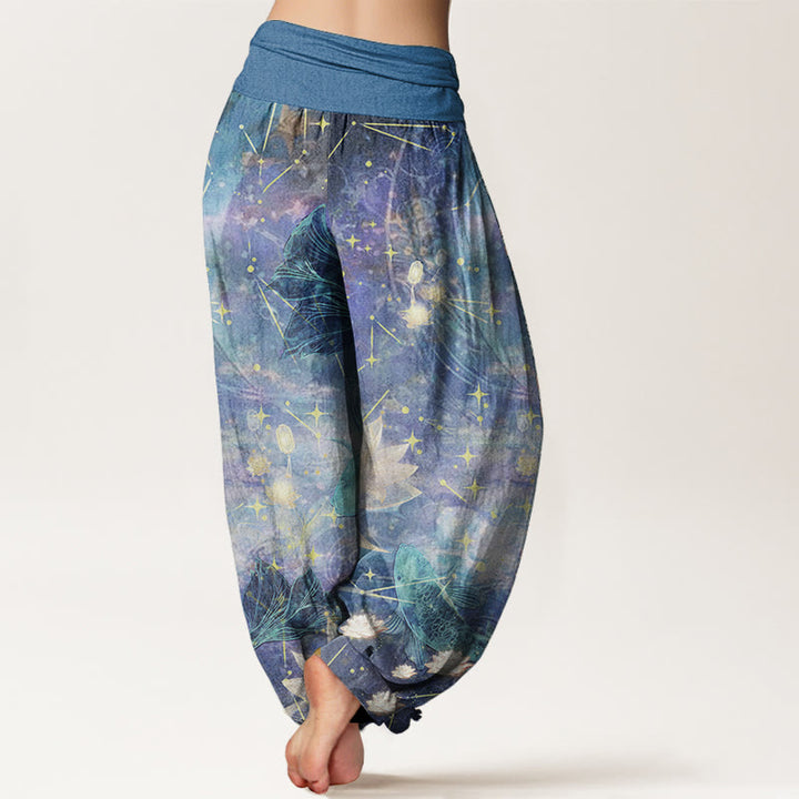 Pantaloni harem da donna con elastico in vita, in puro cotone, con motivo a pesce koi, loto, luna e stelle, Buddha Stones