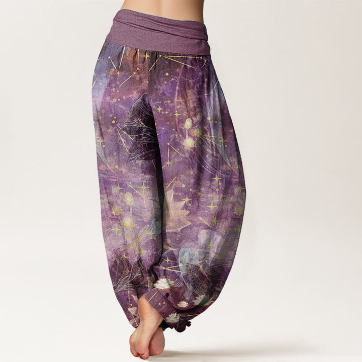 Pantaloni harem da donna con elastico in vita, in puro cotone, con motivo a pesce koi, loto, luna e stelle, Buddha Stones