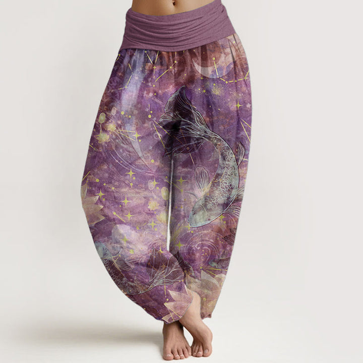 Pantaloni harem da donna con elastico in vita, in puro cotone, con motivo a pesce koi, loto, luna e stelle, Buddha Stones