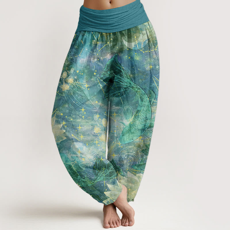 Pantaloni harem da donna con elastico in vita, in puro cotone, con motivo a pesce koi, loto, luna e stelle, Buddha Stones