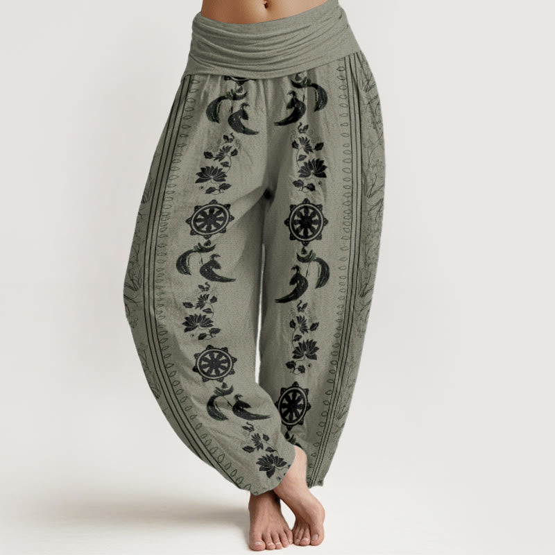 Pantaloni harem da donna con elastico in vita, in puro cotone, con motivo Buddha Stones, ruota del Dharma e motivo OM.