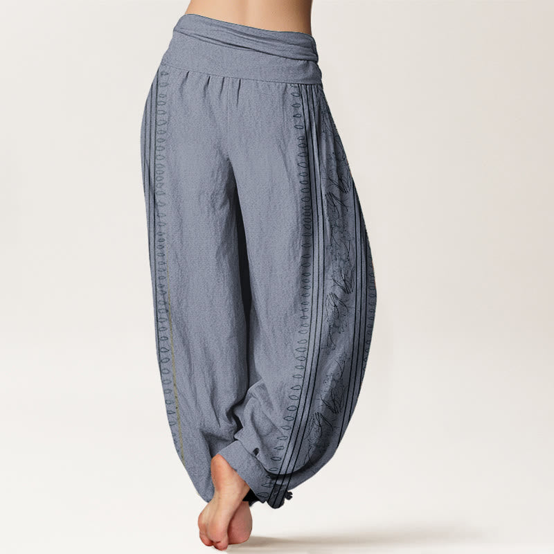 Pantaloni harem da donna con elastico in vita, in puro cotone, con motivo Buddha Stones, ruota del Dharma e motivo OM.