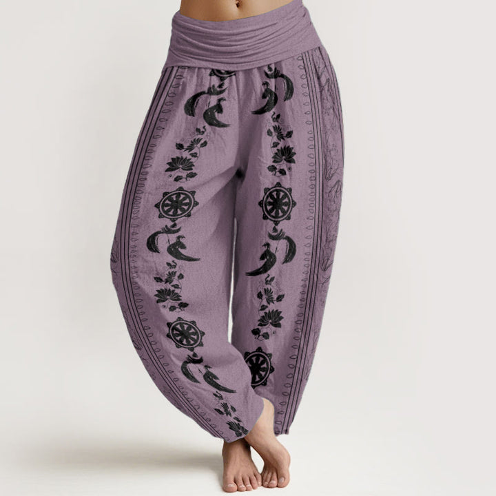 Pantaloni harem da donna con elastico in vita, in puro cotone, con motivo Buddha Stones, ruota del Dharma e motivo OM.