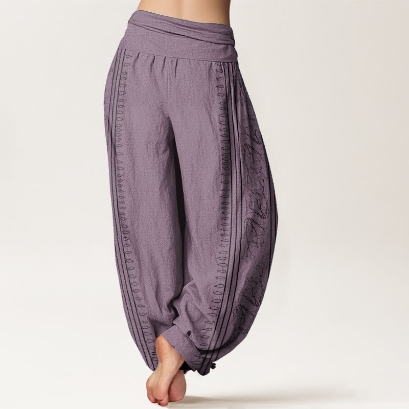 Pantaloni harem da donna con elastico in vita, in puro cotone, con motivo Buddha Stones, ruota del Dharma e motivo OM.