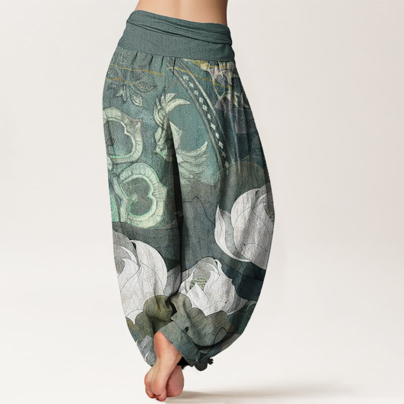 Pantaloni harem casual da donna con elastico in vita, in puro cotone, con motivo a foglie di loto bianco, motivo Buddha Stones