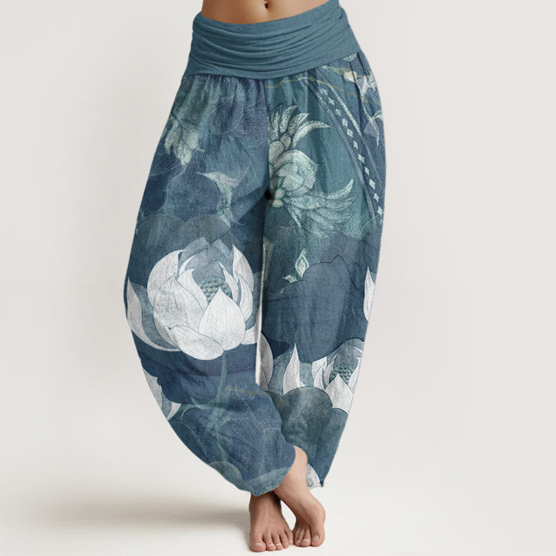 Pantaloni harem casual da donna con elastico in vita, in puro cotone, con motivo a foglie di loto bianco, motivo Buddha Stones