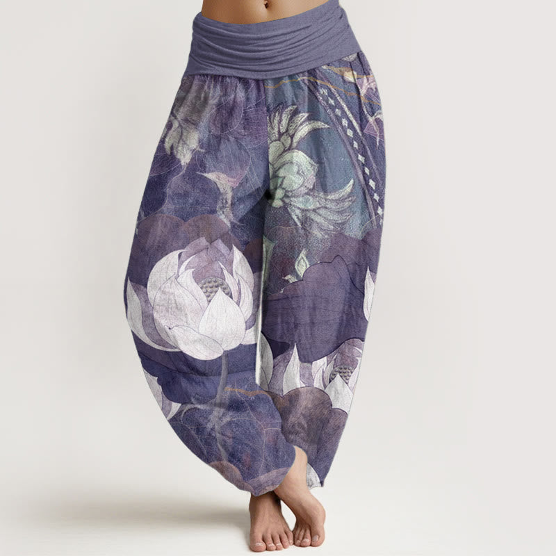 Pantaloni harem casual da donna con elastico in vita, in puro cotone, con motivo a foglie di loto bianco, motivo Buddha Stones