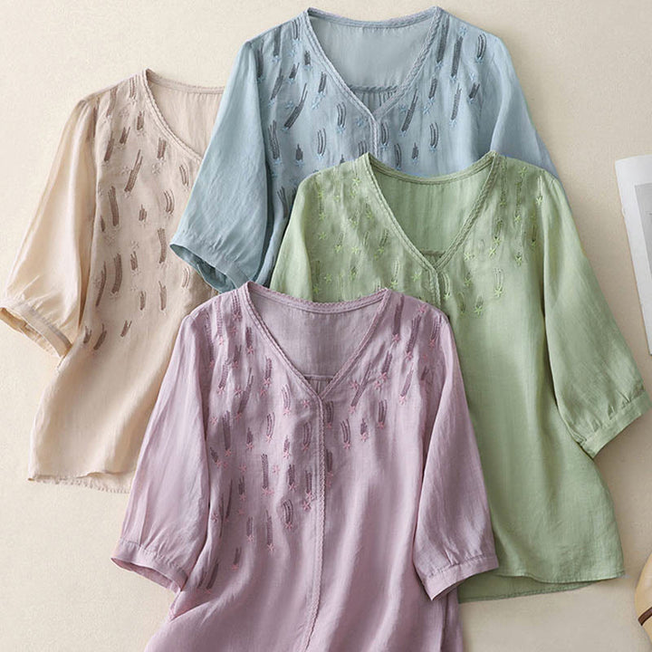 Camicia da donna in lino e cotone a mezza manica con scollo a V, ricamo a stella cadente Buddha Stones