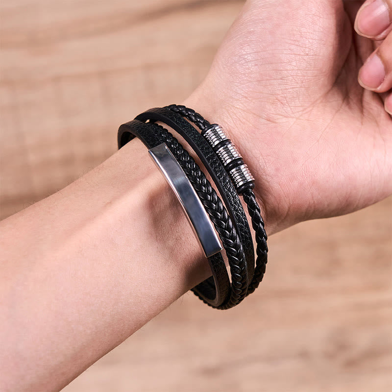 Braccialetto di rinforzo con fibbia magnetica intrecciata a mano in acciaio al titanio e pelle Buddha Stones Fashion