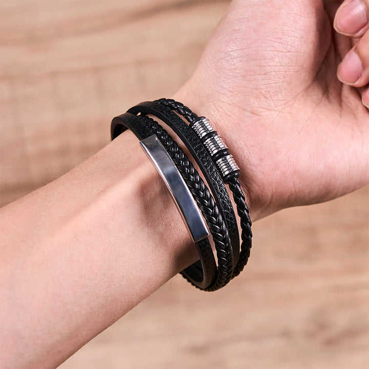 Braccialetto di rinforzo con fibbia magnetica intrecciata a mano in acciaio al titanio e pelle Buddha Stones Fashion