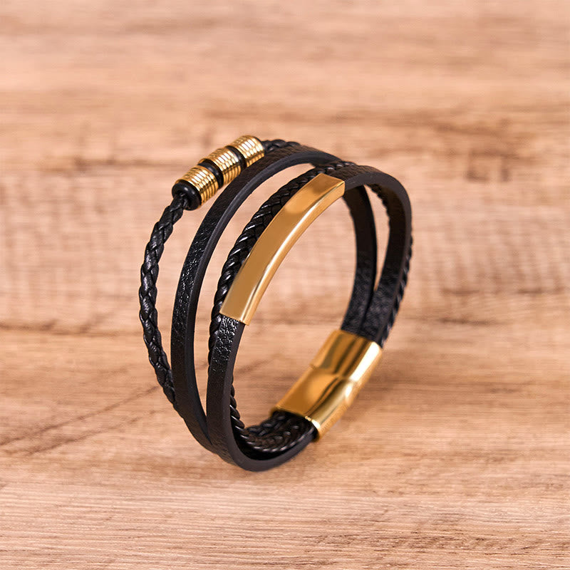 Braccialetto di rinforzo con fibbia magnetica intrecciata a mano in acciaio al titanio e pelle Buddha Stones Fashion