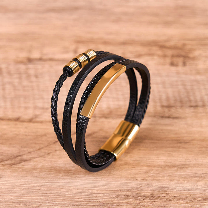 Braccialetto di rinforzo con fibbia magnetica intrecciata a mano in acciaio al titanio e pelle Buddha Stones Fashion