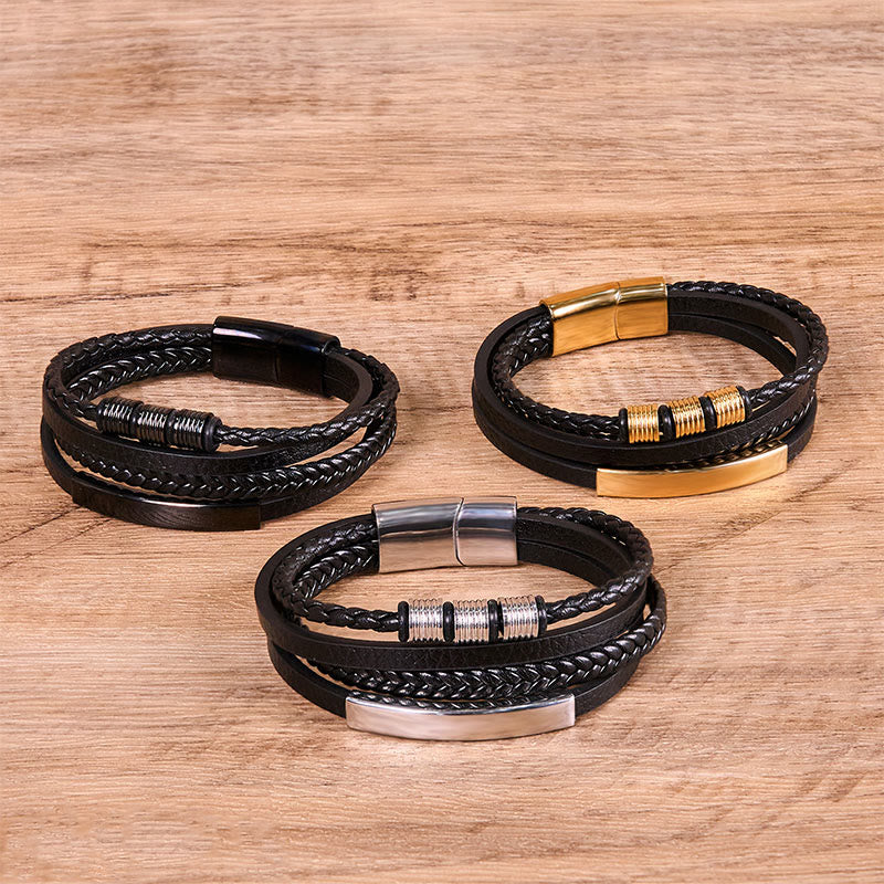 Braccialetto di rinforzo con fibbia magnetica intrecciata a mano in acciaio al titanio e pelle Buddha Stones Fashion