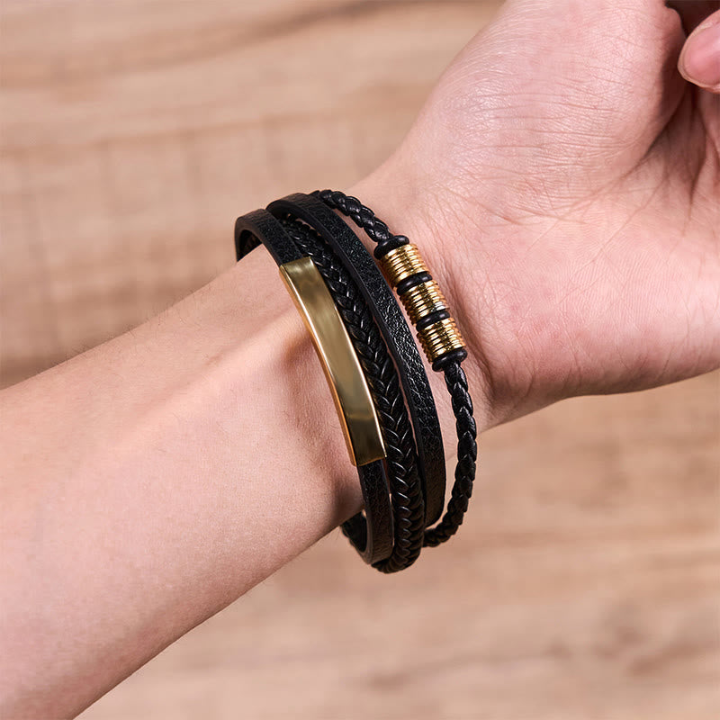 Braccialetto di rinforzo con fibbia magnetica intrecciata a mano in acciaio al titanio e pelle Buddha Stones Fashion