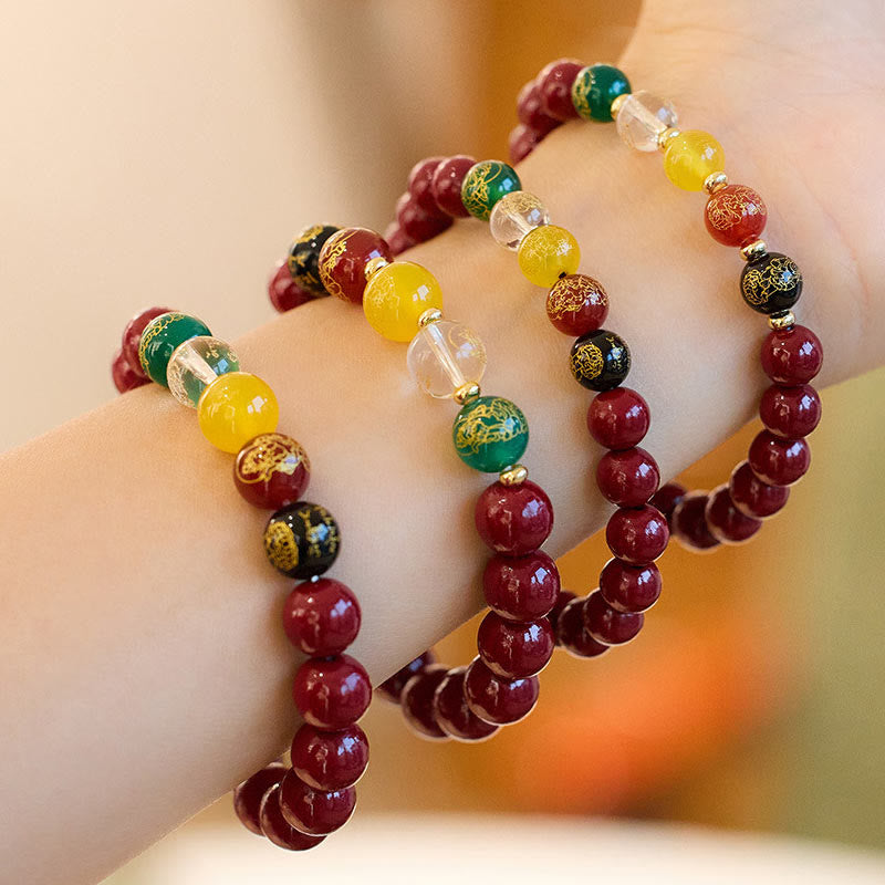 Braccialetto di benedizione delle cinque direzioni degli dei della ricchezza con Buddha Stones e agata cinabro