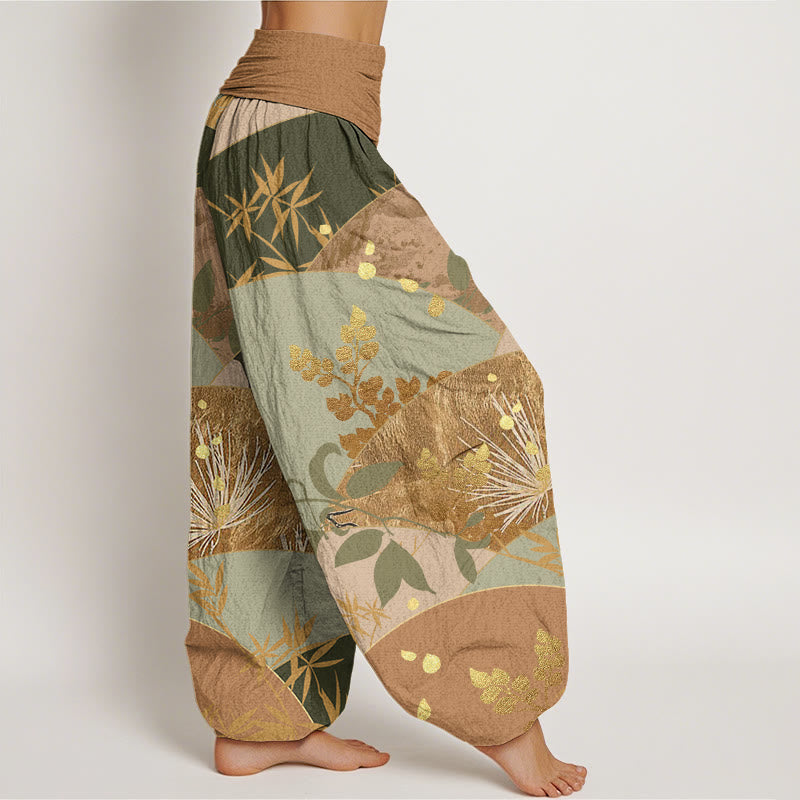 Pantaloni harem da donna con elastico in vita e motivo a foglie semicircolari con Buddha Stones - image 3