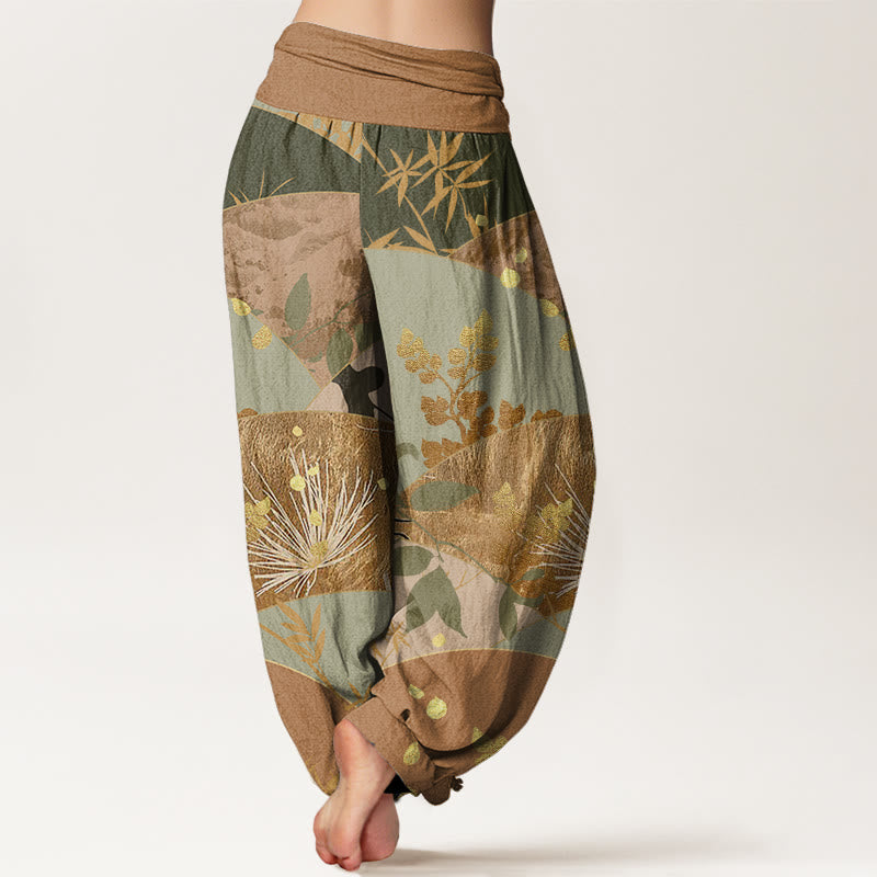 Pantaloni harem da donna con elastico in vita e motivo a foglie semicircolari con Buddha Stones - image 2