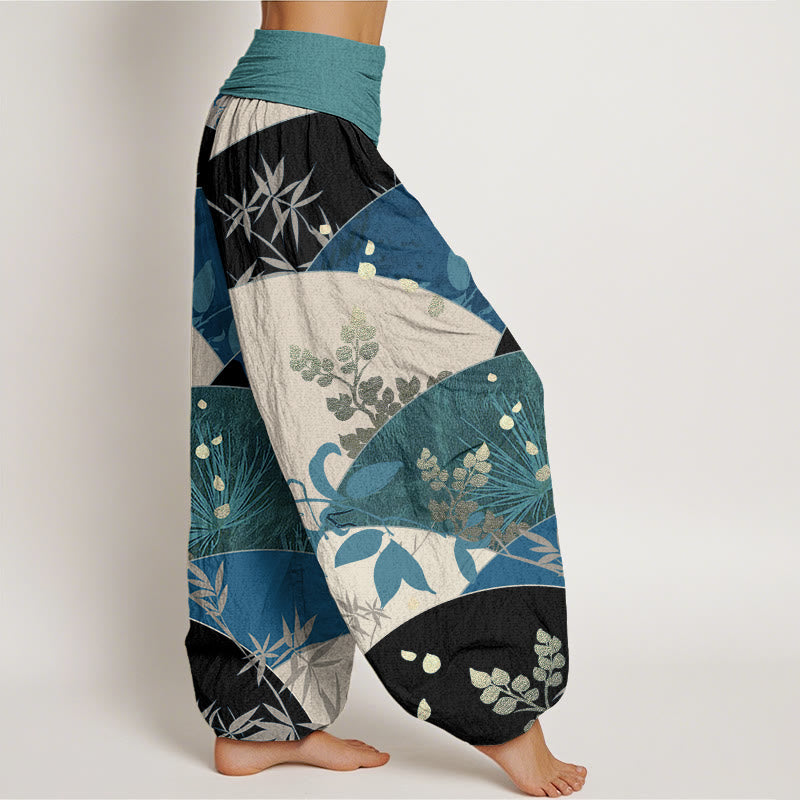 Pantaloni harem da donna con elastico in vita e motivo a foglie semicircolari con Buddha Stones - image 7