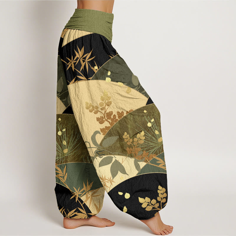 Pantaloni harem da donna con elastico in vita e motivo a foglie semicircolari con Buddha Stones - image 10