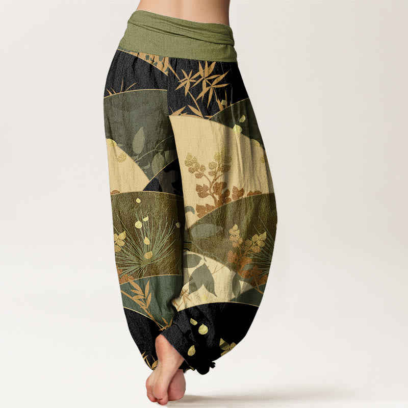 Pantaloni harem da donna con elastico in vita e motivo a foglie semicircolari con Buddha Stones - image 9