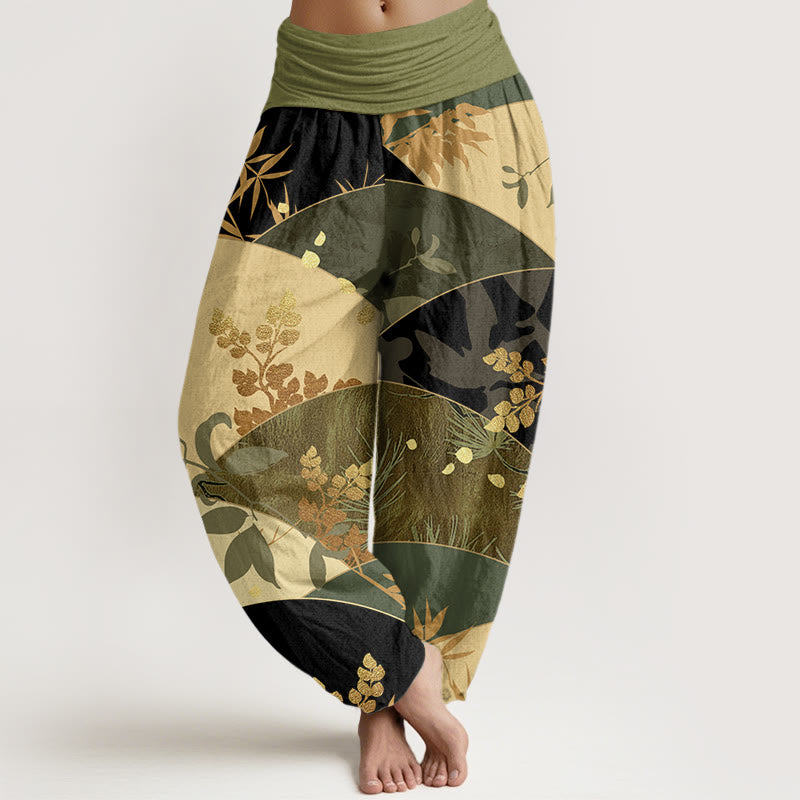 Pantaloni harem da donna con elastico in vita e motivo a foglie semicircolari con Buddha Stones - Verde oliva - US22, UK/AU26, EU54 (6XL) - image 8