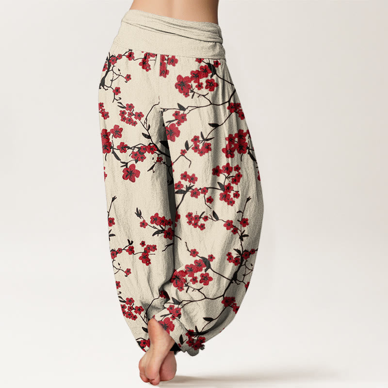 Pantaloni harem da donna con elastico in vita e motivo a fiori di pesco rosso con Buddha Stones - image 2