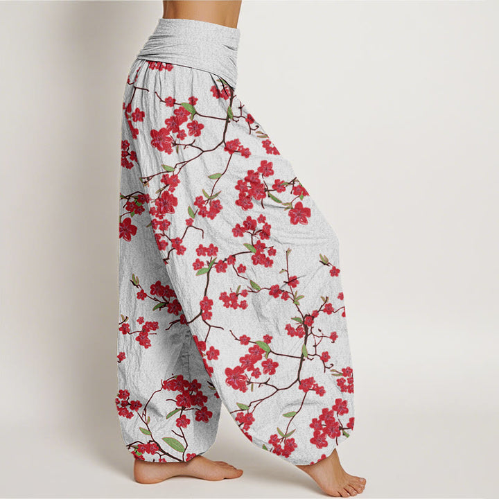 Pantaloni harem da donna con elastico in vita e motivo a fiori di pesco rosso con Buddha Stones - image 7