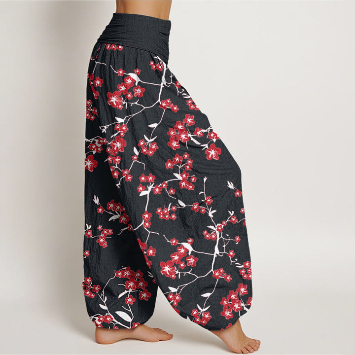 Pantaloni harem da donna con elastico in vita e motivo a fiori di pesco rosso con Buddha Stones - image 10
