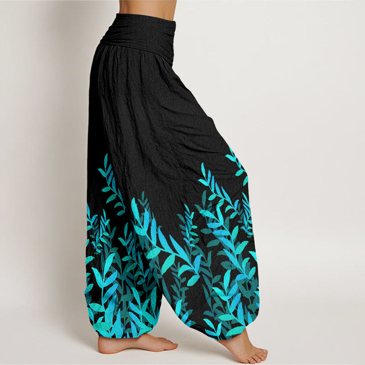 Pantaloni harem da donna con elastico in vita e motivo a foglie casual con Buddha Stones - image 3