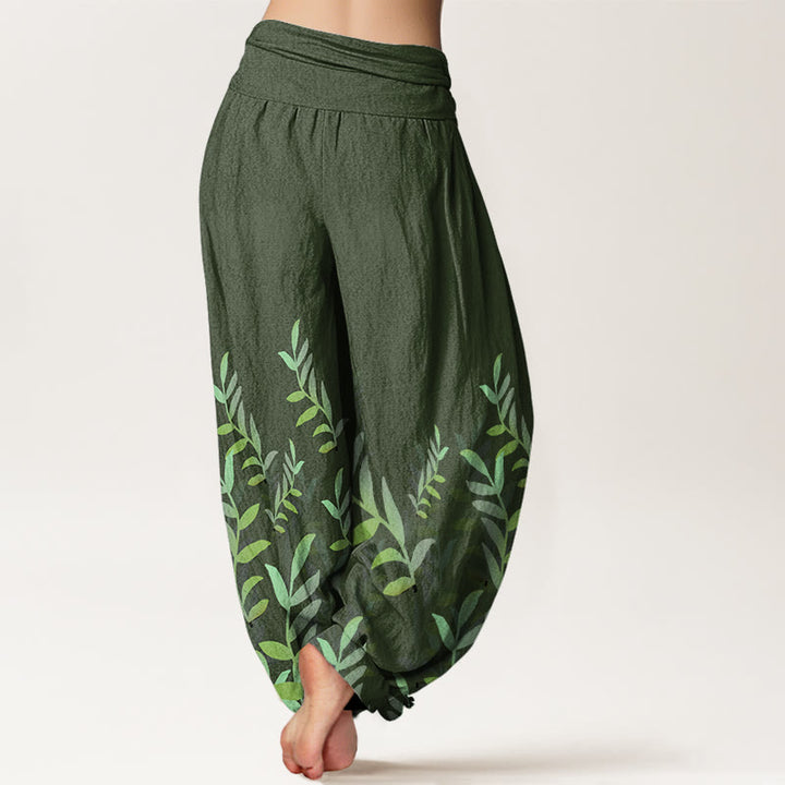 Pantaloni harem da donna con elastico in vita e motivo a foglie casual con Buddha Stones - image 6