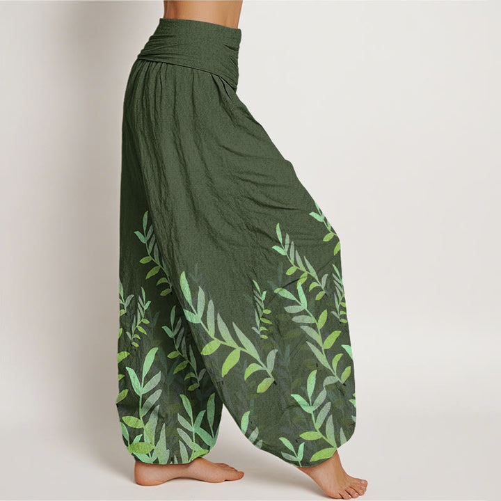 Pantaloni harem da donna con elastico in vita e motivo a foglie casual con Buddha Stones - image 7