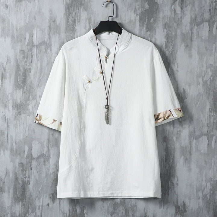 Buddha Stones in cotone e lino con maniche corte, motivo patchwork, motivo Buddha Stones, estate, bottoni e stampa cinese a rana - Bianco - US/UK/AU46, EU56 (5XL) - image 1