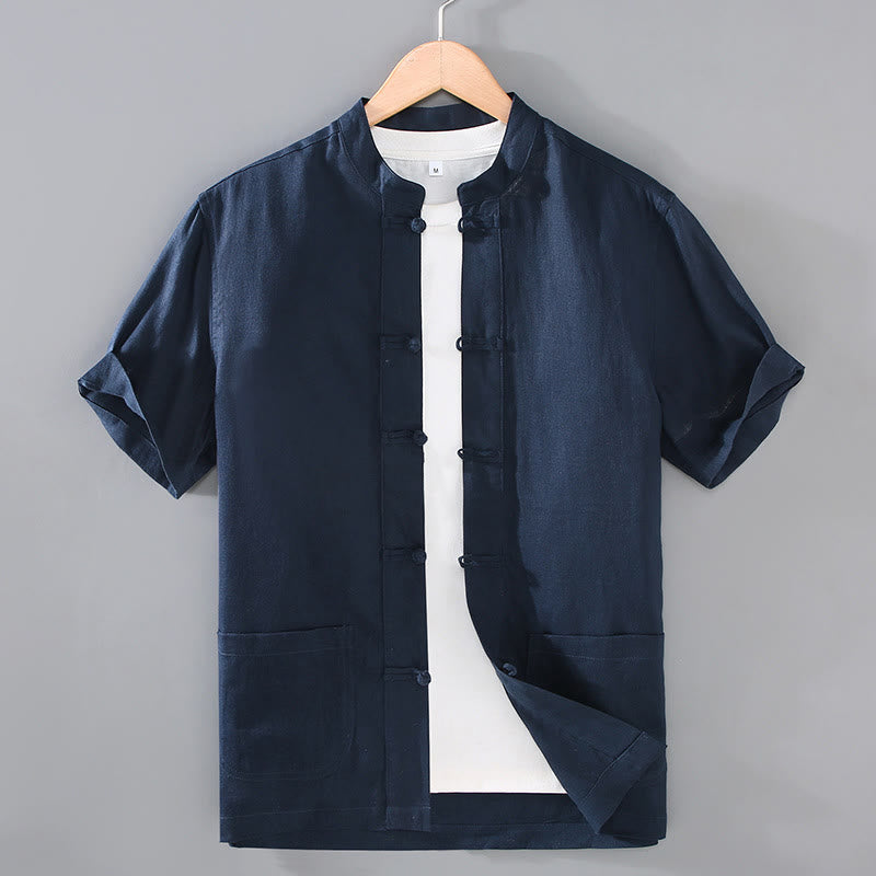 Camicia da uomo in lino e cotone con bottoni a forma di rana, stile vintage, stile cinese, con tasche, stile Buddha Stones - Blu notte - US/UK/AU46, EU56 (5XL) - image 9