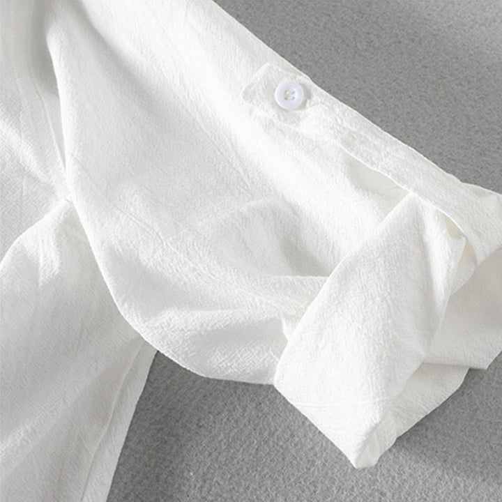 Camicia da uomo in cotone e lino, monopetto, casual, vintage, con maniche a tre quarti, con taschino, Buddha Stones