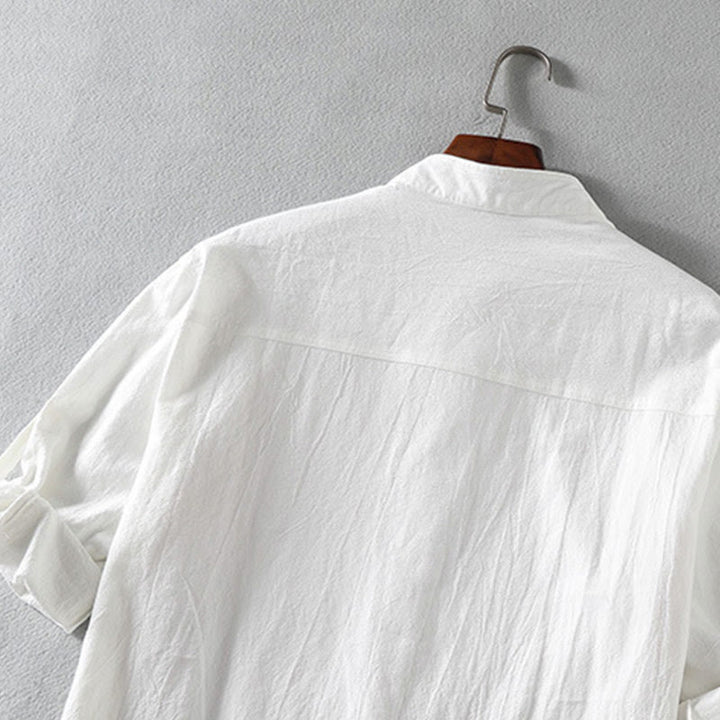 Camicia da uomo in cotone e lino, monopetto, casual, vintage, con maniche a tre quarti, con taschino, Buddha Stones